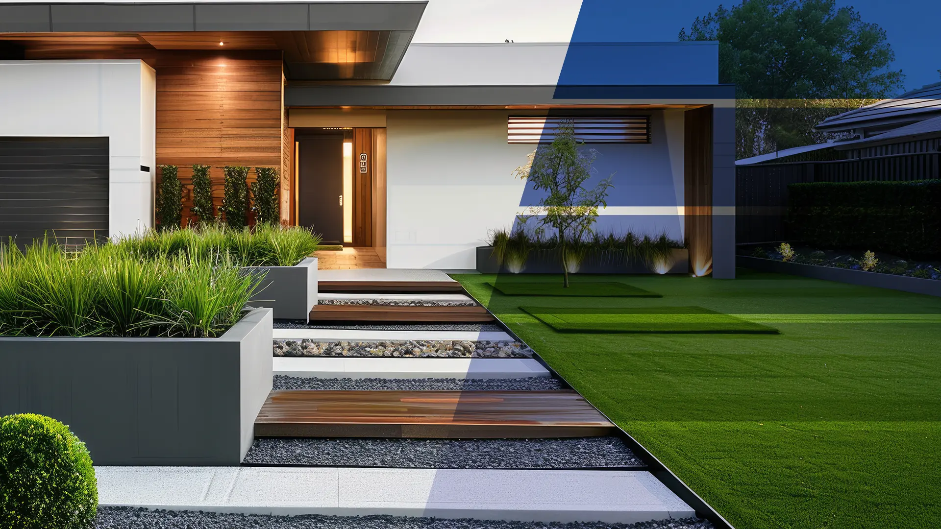 Beautiful modern house exterior with landscaped garden and stylish walkway in London, showcasing contemporary architecture and well-maintained outdoor spaces.